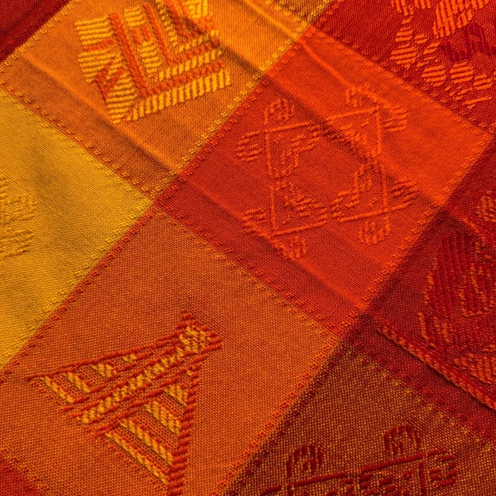 Vintage Mayan Incan Andean Style Woven Tablecloth Orange Red Gold Fringe